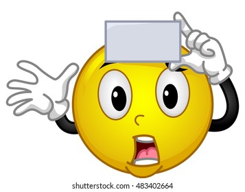 Mascot Illustration of a Panicked Smiley Holding a Blank Card Against His Forehead While Playing a Game of Charades