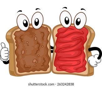 Mascot Illustration of a Peanut Butter and Jam Sandwiches Hanging Out Together