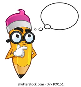 Mascot Illustration of a Pencil he is thinking and has a speech bubble to put your text