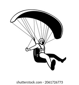 Mascot illustration of a pilot flying paraglider paragliding which is an adventure sport viewed from a low angle on isolated background in black and white retro style.