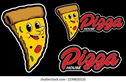 Mascot illustration for a pizza restaurant with funny cartoon slice of pepperoni pizza.