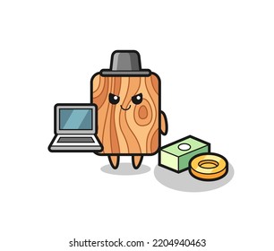 Mascot Illustration of plank wood as a hacker , cute design