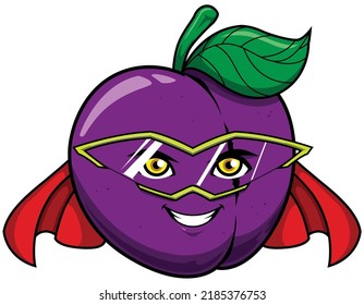 Mascot illustration with plum superhero isolated on white background.