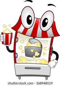 Mascot Illustration of a Popcorn Machine handling a bucket of popcorn