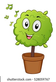 Mascot Illustration of a Potted Indoor Plant Singing Along as it Listens to Music
