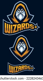 Mascot illustration of a powerful wizard with white beard and a hood.