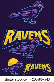 Mascot illustration of raven in four versions.