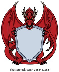 Mascot illustration with red dragon holding a shield with copy space.