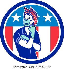 Mascot illustration of Rosie, the riveter, as medical healthcare essential worker wearing a surgical mask and gloves with USA stars and stripes flag set inside circle done in retro style.