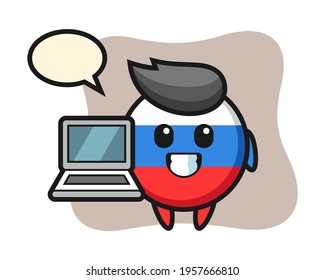 Mascot illustration of russia flag badge with a laptop, cute style design for t shirt, sticker, logo element