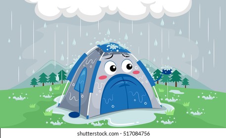 Mascot Illustration of a Sad Tent Drenched in Rain After Getting Caught in a Thunderstorm Outside