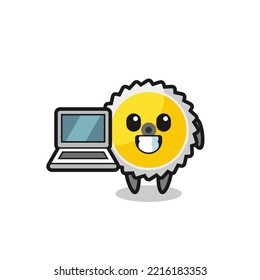 Mascot Illustration of saw blade with a laptop , cute design