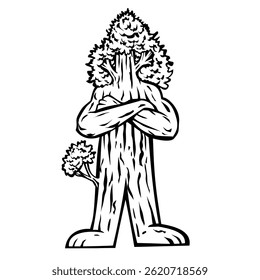 Mascot illustration of a Sequoioideae or redwood tree man, a subfamily of coniferous trees within the family Cupressaceae, standing with arms crossed on isolated background in retro black and white.