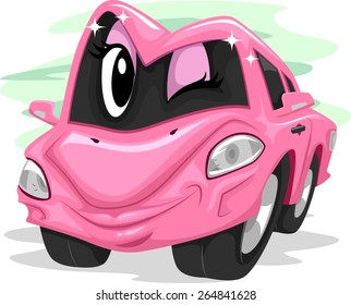 Mascot Illustration of a Shiny Pink Car Winking