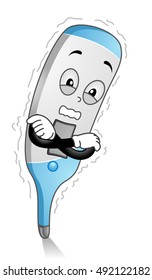 Mascot Illustration of a Shivering Blue Digital Thermometer Clutching its Arms for Warmth