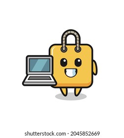 Mascot Illustration of shopping bag with a laptop , cute style design for t shirt, sticker, logo element