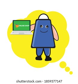 mascot illustration of shopping bag with online shopping laptop