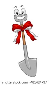 Mascot Illustration Of A Shovel Tied With A Red Ribbon For A Groundbreaking Ceremony