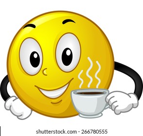 Mascot Illustration of a Smiley Holding a Cup of Hot Coffee