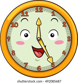 Mascot Illustration of a Smiling Clock with its Hands Pointing to the Numbers Twelve and Five
