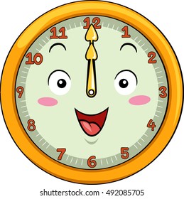 Mascot Illustration of a Smiling Clock with its Hands Pointing to the Number Twelve