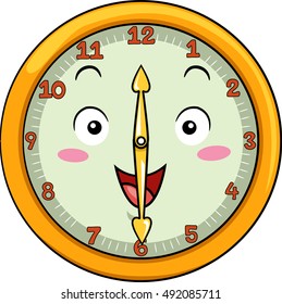Mascot Illustration of a Smiling Clock with its Hands Pointing to the Numbers Twelve and Six