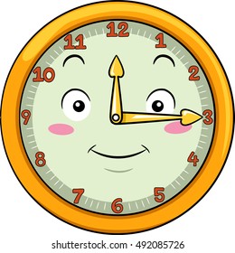 Mascot Illustration of a Smiling Clock with its Hands Pointing to the Numbers Twelve and Three