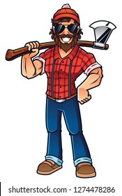 Mascot illustration of smiling lumberjack, standing and holding his axe.