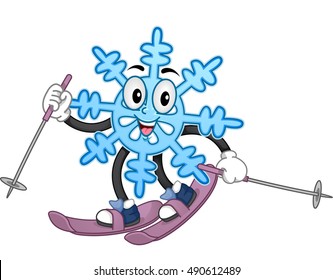 Mascot Illustration of a Snowflake in a Pair of Skis Skiing Down a Slope