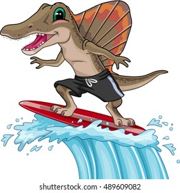 Mascot Illustration of a Spinosaurus in Board Shorts Surfing Giant Waves