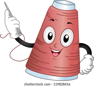 Mascot Illustration of a Spool of Thread Holding a Needle