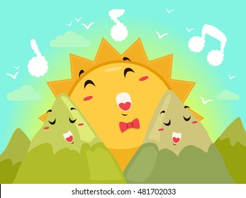 Mascot Illustration of a Sun Happily Singing with Two Mountain Mascots