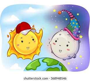 Ilustración mascota del sol y la luna frente a frente entre sí