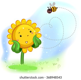 Mascot Illustration of a Sunflower Enjoying the bees