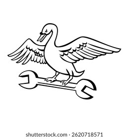 Mascot illustration of a swan, a waterfowl bird of the genus Cygnus within the family Anatidae perching on a spanner wrench from front on isolated background done in retro black and white style.