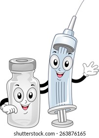 Mascot Illustration of a Syringe and a Vial of Drugs