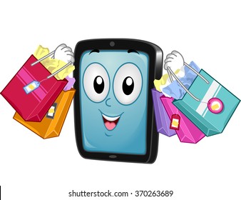 Mascot Illustration of a Tablet/Mobile Phone while carrying Shopping Bags