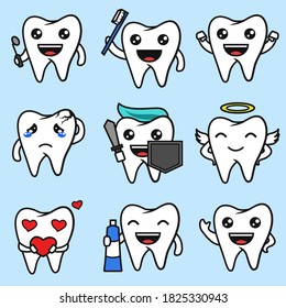 Mascot illustration tooth pack set character. vector set character tooth with blue light background
