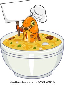 Mascot Illustration of a Toque Wearing Fish in a Bowl of Soup Holding a Blank Board