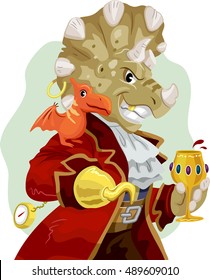 Mascot Illustration of a Triceratops Dressed as a Pirate with a Pterosaur Resting on its Shoulder Holding a Glass of Wine