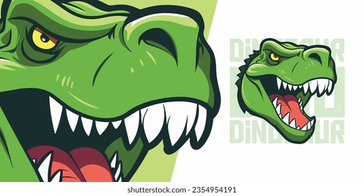 Mascot Illustration and Vector Graphic Design: Illustrated Green Dinosaur Head Logo for Sport and E-Sport Gaming Teams with Dino Trex Mascot Head.

