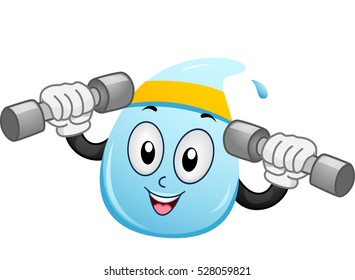 Mascot Illustration of a Water Droplet with a Headband Wrapped Around its Head Lifting Dumbbells