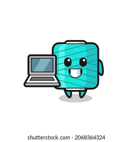 Mascot Illustration of yarn spool with a laptop , cute style design for t shirt, sticker, logo element