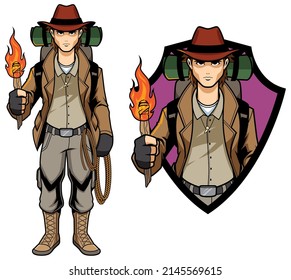 Mascot illustration of young explorer or archeologist holding a flaming torch.