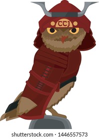 mascot, inspired by the burrowing owl, wearing red samurai clothes