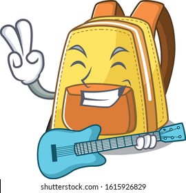 A mascot of kids school backpack performance with guitar