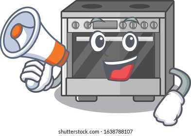 A mascot of kitchen stove speaking on a megaphone