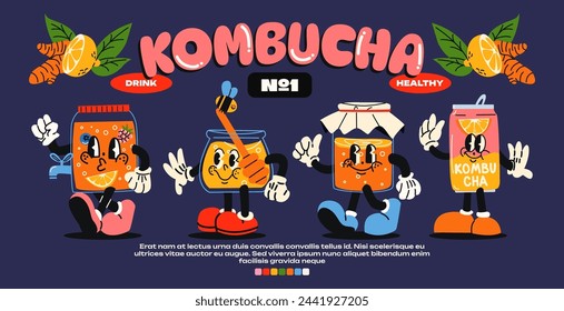 Mascot kombucha, fermented homemade tea in cartoon style. Poster with characters with gloved hands. With honey, healthy drink, ginger, fruit juice. Bottle, can of craft lemonade, tea