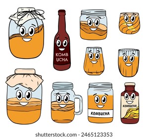 Mascot kombucha, fermented homemade tea in cartoon style. Hand drawn vector illustration. Kombucha drink. Tea mushroom, tea fungus