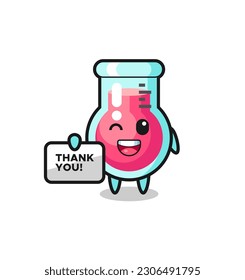the mascot of the laboratory beaker holding a banner that says thank you , cute style design for t shirt, sticker, logo element